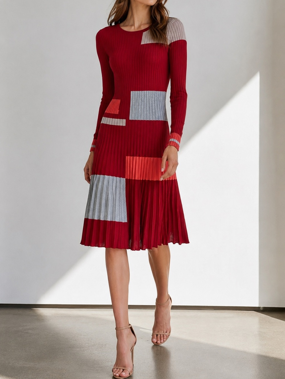 525 America Red Colorblock Patchwork Ribbed Pleated Sweater Dress
